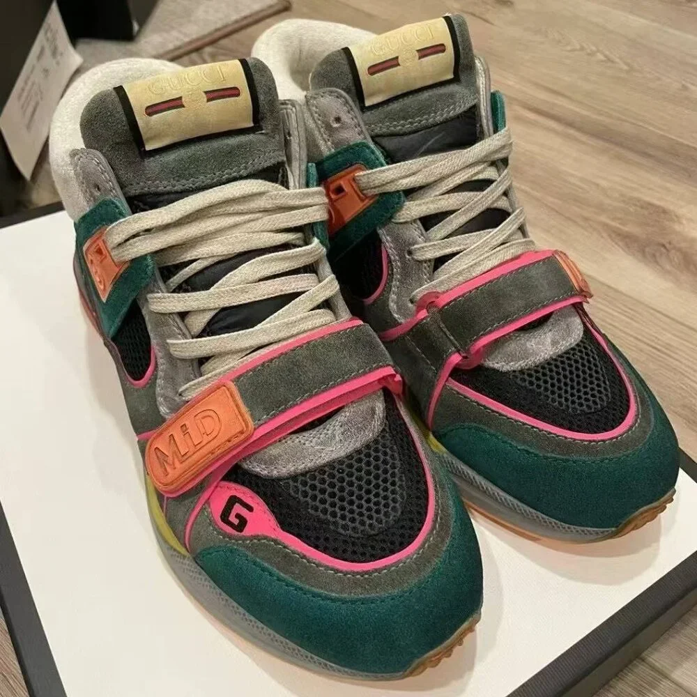 NIB Authentic Gucci Multicolor Mesh and Suede Ultrapace Mid Top Sneakers